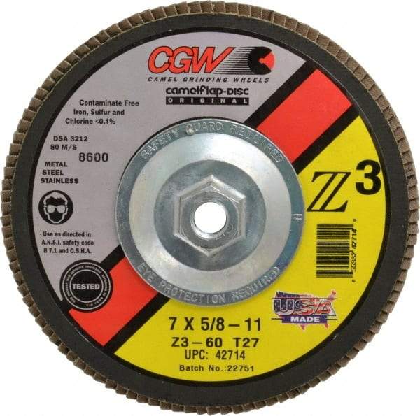 Camel Grinding Wheels - 60 Grit, 7" Disc Diam, 5/8-11 Center Hole, Type 27 Zirconia Alumina Flap Disc - 8,600 Max RPM, Poly Cotton Backing, Arbor Attaching System, Coated - Benchmark Tooling