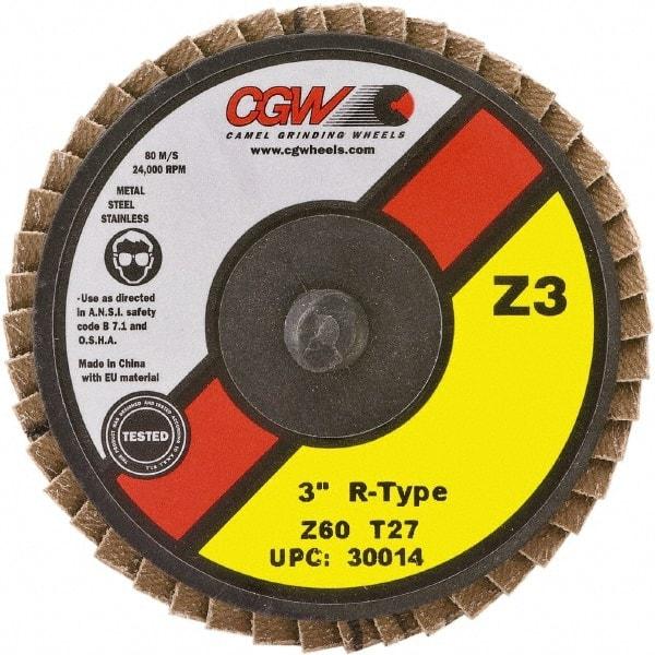 Camel Grinding Wheels - 80 Grit, 3" Disc Diam, Type 27 Zirconia Alumina Flap Disc - 24,000 Max RPM, Poly Cotton Backing, Quick Change Type R Attaching System, Coated - Benchmark Tooling
