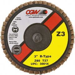 Camel Grinding Wheels - 36 Grit, 3" Disc Diam, Type 27 Zirconia Alumina Flap Disc - 24,000 Max RPM, Poly Cotton Backing, Quick Change Type R Attaching System, Coated - Benchmark Tooling