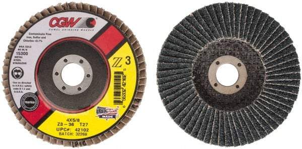 Camel Grinding Wheels - 36 Grit, 4" Disc Diam, 5/8" Center Hole, Type 27 Zirconia Alumina Flap Disc - 15,300 Max RPM, Poly Cotton Backing, Arbor Attaching System, Coated - Benchmark Tooling