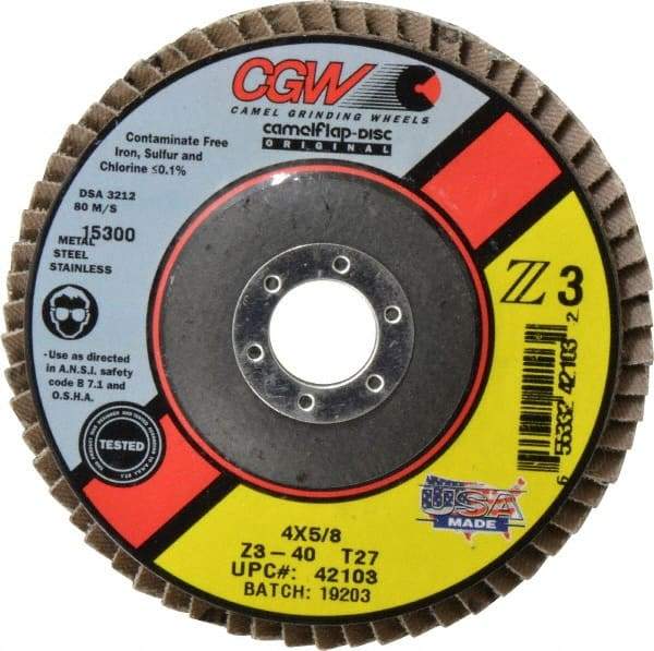 Camel Grinding Wheels - 40 Grit, 4" Disc Diam, 5/8" Center Hole, Type 27 Zirconia Alumina Flap Disc - 15,300 Max RPM, Poly Cotton Backing, Arbor Attaching System, Coated - Benchmark Tooling