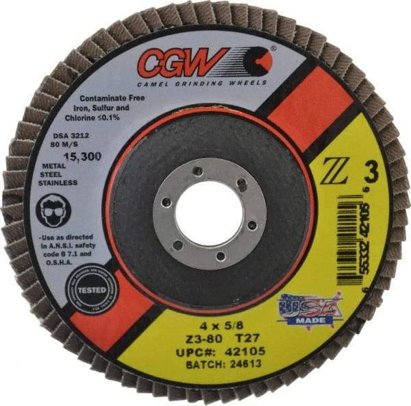 Camel Grinding Wheels - 80 Grit, 4" Disc Diam, 5/8" Center Hole, Type 27 Zirconia Alumina Flap Disc - 15,300 Max RPM, Poly Cotton Backing, Arbor Attaching System, Coated - Benchmark Tooling