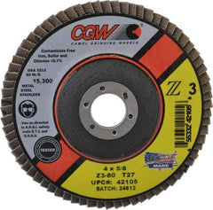 Camel Grinding Wheels - 80 Grit, 4" Disc Diam, 5/8" Center Hole, Type 27 Zirconia Alumina Flap Disc - 15,300 Max RPM, Poly Cotton Backing, Arbor Attaching System, Coated - Benchmark Tooling