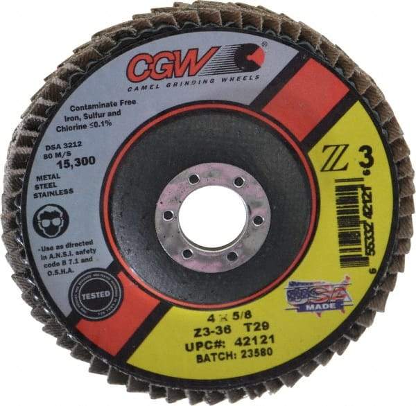 Camel Grinding Wheels - 36 Grit, 4" Disc Diam, 5/8" Center Hole, Type 29 Zirconia Alumina Flap Disc - 15,300 Max RPM, Poly Cotton Backing, Arbor Attaching System, Coated - Benchmark Tooling