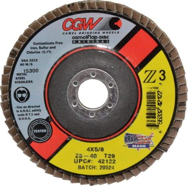 Camel Grinding Wheels - 40 Grit, 4" Disc Diam, 5/8" Center Hole, Type 29 Zirconia Alumina Flap Disc - 15,300 Max RPM, Poly Cotton Backing, Arbor Attaching System, Coated - Benchmark Tooling