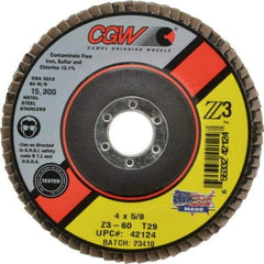 Camel Grinding Wheels - 60 Grit, 4" Disc Diam, 5/8" Center Hole, Type 29 Zirconia Alumina Flap Disc - 15,300 Max RPM, Poly Cotton Backing, Arbor Attaching System, Coated - Benchmark Tooling
