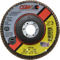 Camel Grinding Wheels - 80 Grit, 4" Disc Diam, 5/8" Center Hole, Type 29 Zirconia Alumina Flap Disc - 15,300 Max RPM, Poly Cotton Backing, Arbor Attaching System, Coated - Benchmark Tooling