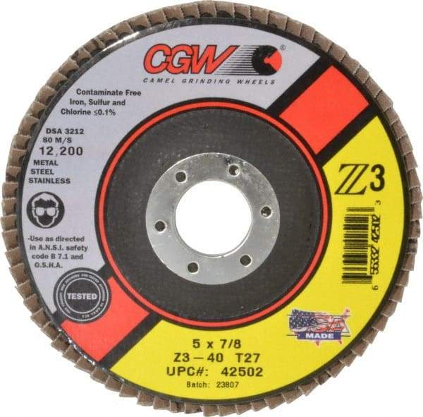 Camel Grinding Wheels - 40 Grit, 5" Disc Diam, 7/8" Center Hole, Type 27 Zirconia Alumina Flap Disc - 12,200 Max RPM, Poly Cotton Backing, Arbor Attaching System, Coated - Benchmark Tooling