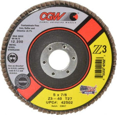 Camel Grinding Wheels - 40 Grit, 5" Disc Diam, 7/8" Center Hole, Type 27 Zirconia Alumina Flap Disc - 12,200 Max RPM, Poly Cotton Backing, Arbor Attaching System, Coated - Benchmark Tooling