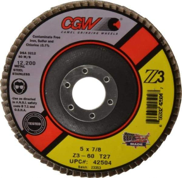 Camel Grinding Wheels - 60 Grit, 5" Disc Diam, 7/8" Center Hole, Type 27 Zirconia Alumina Flap Disc - 12,200 Max RPM, Poly Cotton Backing, Arbor Attaching System, Coated - Benchmark Tooling