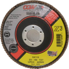 Camel Grinding Wheels - 80 Grit, 5" Disc Diam, 7/8" Center Hole, Type 27 Zirconia Alumina Flap Disc - 12,200 Max RPM, Poly Cotton Backing, Arbor Attaching System, Coated - Benchmark Tooling