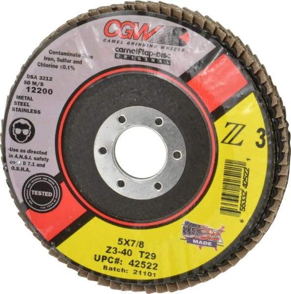 Camel Grinding Wheels - 40 Grit, 5" Disc Diam, 7/8" Center Hole, Type 29 Zirconia Alumina Flap Disc - 12,200 Max RPM, Poly Cotton Backing, Arbor Attaching System, Coated - Benchmark Tooling