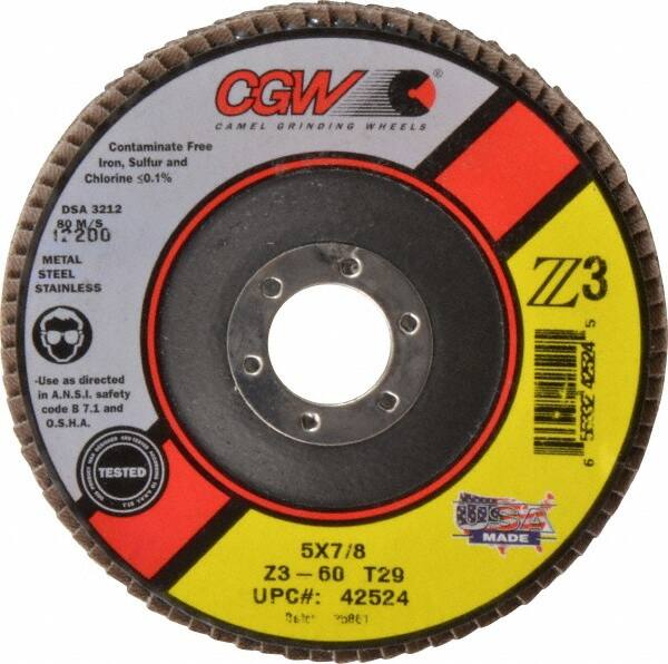 Camel Grinding Wheels - 60 Grit, 5" Disc Diam, 7/8" Center Hole, Type 29 Zirconia Alumina Flap Disc - 12,200 Max RPM, Poly Cotton Backing, Arbor Attaching System, Coated - Benchmark Tooling