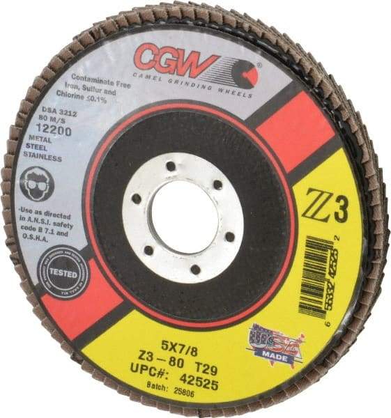 Camel Grinding Wheels - 80 Grit, 5" Disc Diam, 7/8" Center Hole, Type 29 Zirconia Alumina Flap Disc - 12,200 Max RPM, Poly Cotton Backing, Arbor Attaching System, Coated - Benchmark Tooling
