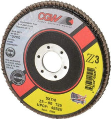 Camel Grinding Wheels - 80 Grit, 5" Disc Diam, 7/8" Center Hole, Type 29 Zirconia Alumina Flap Disc - 12,200 Max RPM, Poly Cotton Backing, Arbor Attaching System, Coated - Benchmark Tooling