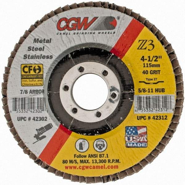 Camel Grinding Wheels - 40 Grit, 4-1/2" Disc Diam, 7/8" Center Hole, Type 27 Zirconia Alumina Flap Disc - 13,300 Max RPM, Poly Cotton Backing, Arbor Attaching System, Coated - Benchmark Tooling