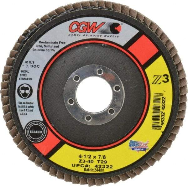 Camel Grinding Wheels - 40 Grit, 4-1/2" Disc Diam, 7/8" Center Hole, Type 29 Zirconia Alumina Flap Disc - 13,300 Max RPM, Poly Cotton Backing, Arbor Attaching System, Coated - Benchmark Tooling