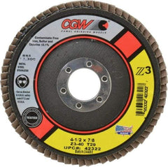 Camel Grinding Wheels - 40 Grit, 4-1/2" Disc Diam, 7/8" Center Hole, Type 29 Zirconia Alumina Flap Disc - 13,300 Max RPM, Poly Cotton Backing, Arbor Attaching System, Coated - Benchmark Tooling