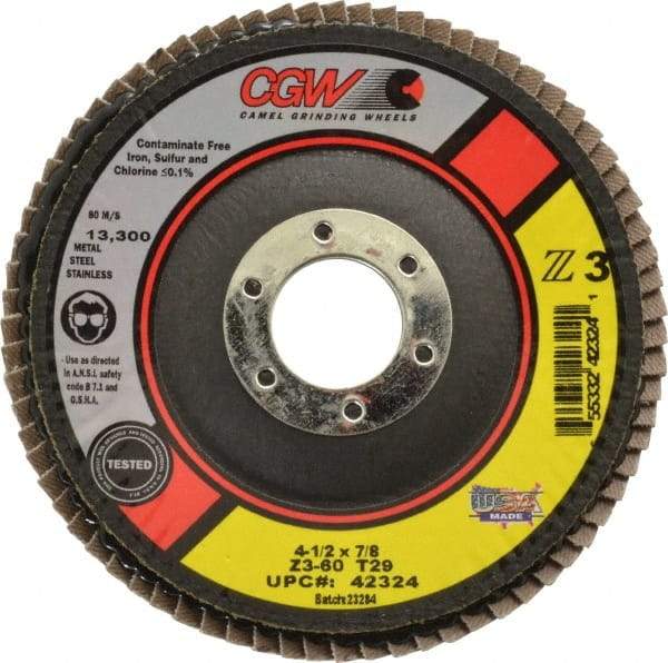 Camel Grinding Wheels - 60 Grit, 4-1/2" Disc Diam, 7/8" Center Hole, Type 29 Zirconia Alumina Flap Disc - 13,300 Max RPM, Poly Cotton Backing, Arbor Attaching System, Coated - Benchmark Tooling