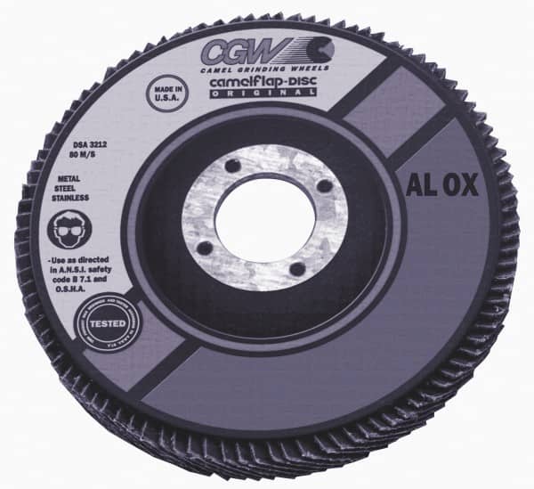 Camel Grinding Wheels - 40 Grit, 4" Disc Diam, 7/8" Center Hole, Type 27 Aluminum Oxide Flap Disc - 15,300 Max RPM, Polyester Backing, Arbor Attaching System, Coated - Benchmark Tooling