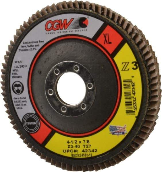 Camel Grinding Wheels - 40 Grit, 4-1/2" Disc Diam, 7/8" Center Hole, Type 27 Zirconia Alumina Flap Disc - 13,300 Max RPM, Poly Cotton Backing, Arbor Attaching System, Coated - Benchmark Tooling