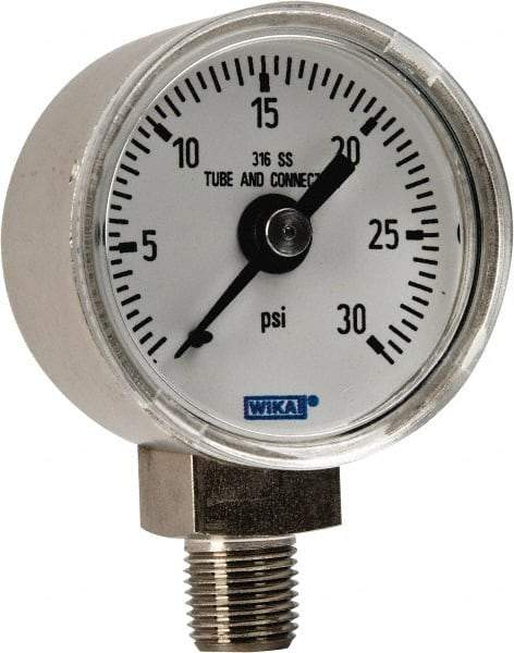 Wika - 1-1/2" Dial, 1/8 Thread, 0-30 Scale Range, Pressure Gauge - Lower Connection Mount, Accurate to 2.5% of Scale - Benchmark Tooling