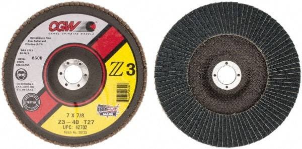 Camel Grinding Wheels - 40 Grit, 7" Disc Diam, 7/8" Center Hole, Type 27 Zirconia Alumina Flap Disc - 8,600 Max RPM, Poly Cotton Backing, Arbor Attaching System, Coated - Benchmark Tooling