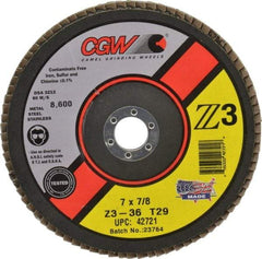 Camel Grinding Wheels - 36 Grit, 7" Disc Diam, 7/8" Center Hole, Type 29 Zirconia Alumina Flap Disc - 8,600 Max RPM, Poly Cotton Backing, Arbor Attaching System, Coated - Benchmark Tooling