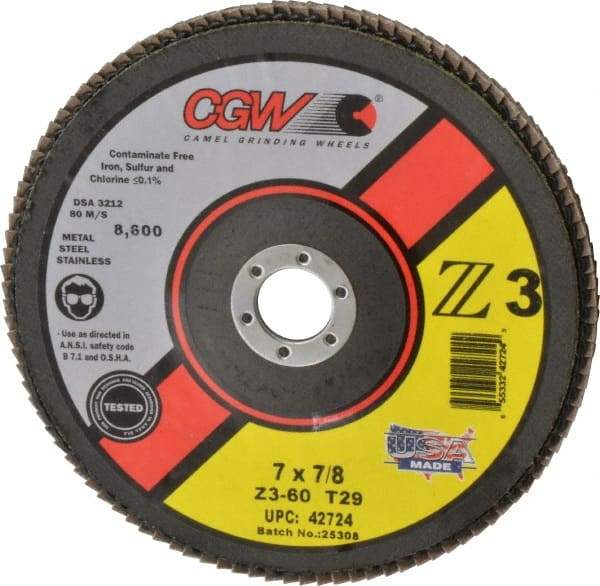 Camel Grinding Wheels - 60 Grit, 7" Disc Diam, 7/8" Center Hole, Type 29 Zirconia Alumina Flap Disc - 8,600 Max RPM, Poly Cotton Backing, Arbor Attaching System, Coated - Benchmark Tooling