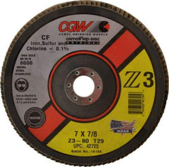 Camel Grinding Wheels - 80 Grit, 7" Disc Diam, 7/8" Center Hole, Type 29 Zirconia Alumina Flap Disc - 8,600 Max RPM, Poly Cotton Backing, Arbor Attaching System, Coated - Benchmark Tooling