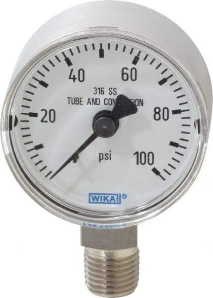 Wika - 2" Dial, 1/4 Thread, 0-100 Scale Range, Pressure Gauge - Lower Connection Mount, Accurate to 2.5% of Scale - Benchmark Tooling