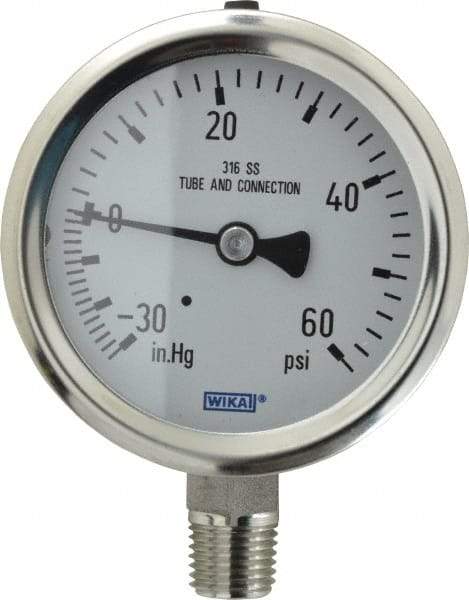 Wika - 2-1/2" Dial, 1/4 Thread, 30-0-60 Scale Range, Pressure Gauge - Lower Connection Mount, Accurate to 1.5% of Scale - Benchmark Tooling