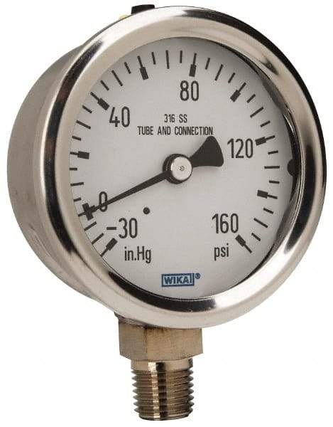 Wika - 2-1/2" Dial, 1/4 Thread, 30-0-160 Scale Range, Pressure Gauge - Lower Connection Mount, Accurate to 1.5% of Scale - Benchmark Tooling