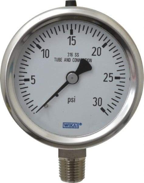 Wika - 2-1/2" Dial, 1/4 Thread, 0-30 Scale Range, Pressure Gauge - Lower Connection Mount, Accurate to 1.5% of Scale - Benchmark Tooling