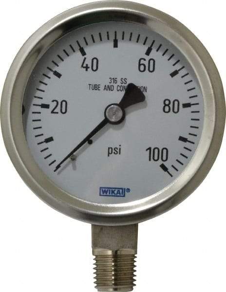 Wika - 2-1/2" Dial, 1/4 Thread, 0-100 Scale Range, Pressure Gauge - Lower Connection Mount, Accurate to 1.5% of Scale - Benchmark Tooling