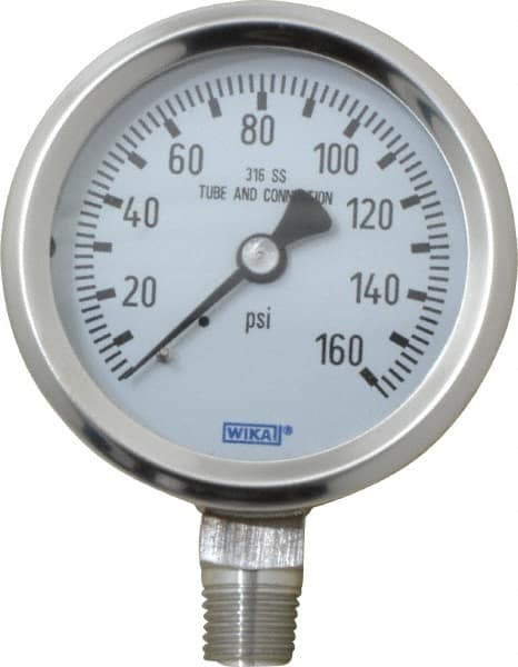 Wika - 2-1/2" Dial, 1/4 Thread, 0-160 Scale Range, Pressure Gauge - Lower Connection Mount, Accurate to 1.5% of Scale - Benchmark Tooling