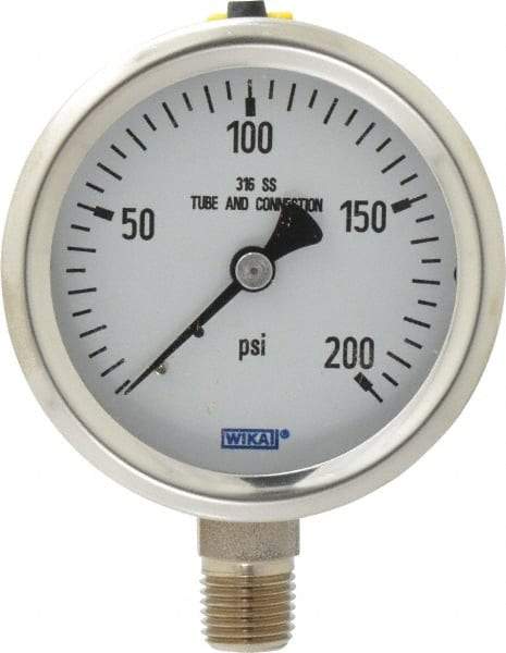 Wika - 2-1/2" Dial, 1/4 Thread, 0-200 Scale Range, Pressure Gauge - Lower Connection Mount, Accurate to 1.5% of Scale - Benchmark Tooling