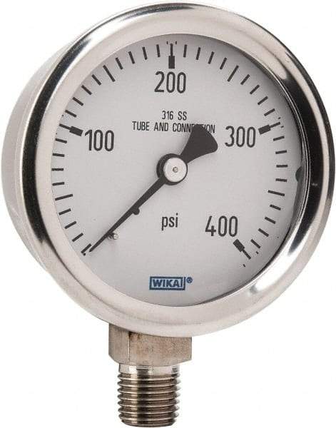 Wika - 2-1/2" Dial, 1/4 Thread, 0-400 Scale Range, Pressure Gauge - Lower Connection Mount, Accurate to 1.5% of Scale - Benchmark Tooling