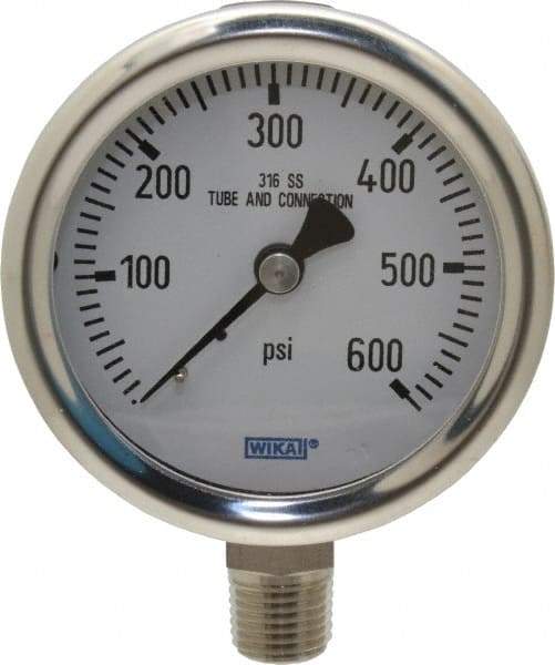 Wika - 2-1/2" Dial, 1/4 Thread, 0-600 Scale Range, Pressure Gauge - Lower Connection Mount, Accurate to 1.5% of Scale - Benchmark Tooling