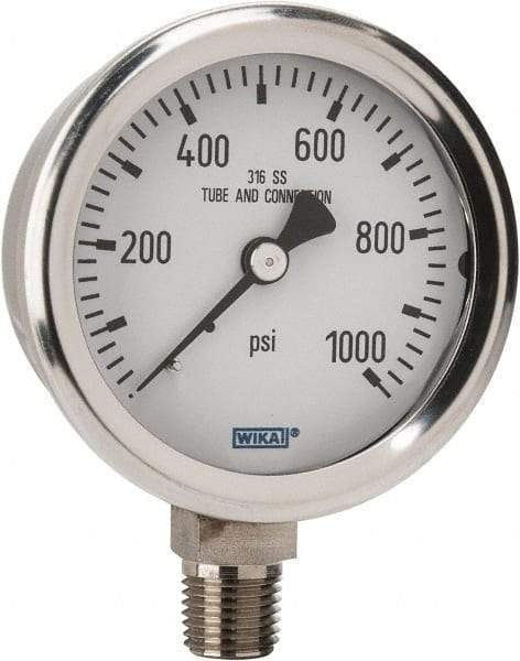 Wika - 2-1/2" Dial, 1/4 Thread, 0-1,000 Scale Range, Pressure Gauge - Lower Connection Mount, Accurate to 1.5% of Scale - Benchmark Tooling