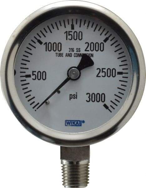 Wika - 2-1/2" Dial, 1/4 Thread, 0-3,000 Scale Range, Pressure Gauge - Lower Connection Mount, Accurate to 1.5% of Scale - Benchmark Tooling