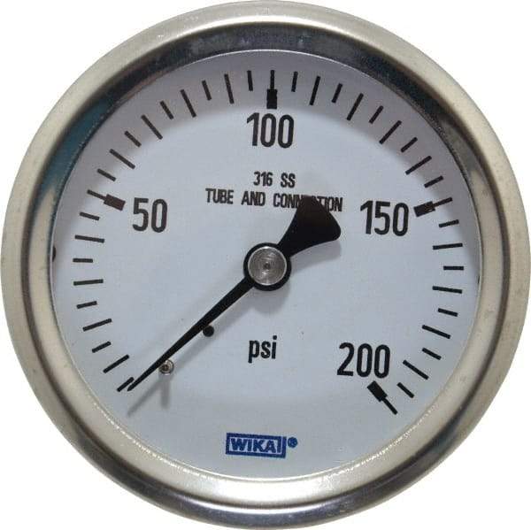 Wika - 2-1/2" Dial, 1/4 Thread, 0-200 Scale Range, Pressure Gauge - Center Back Connection Mount, Accurate to 1.5% of Scale - Benchmark Tooling