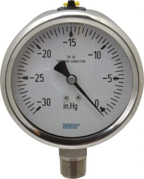 Wika - 4" Dial, 1/2 Thread, 30-0 Scale Range, Pressure Gauge - Lower Connection Mount, Accurate to 1% of Scale - Benchmark Tooling