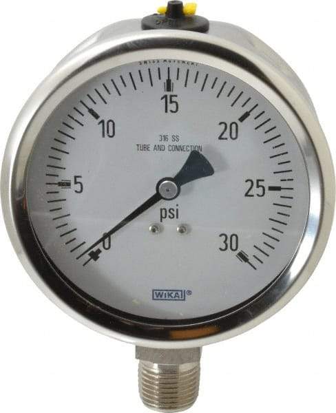 Wika - 4" Dial, 1/2 Thread, 0-30 Scale Range, Pressure Gauge - Lower Connection Mount, Accurate to 1% of Scale - Benchmark Tooling