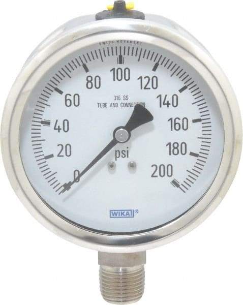 Wika - 4" Dial, 1/2 Thread, 0-200 Scale Range, Pressure Gauge - Lower Connection Mount, Accurate to 1% of Scale - Benchmark Tooling