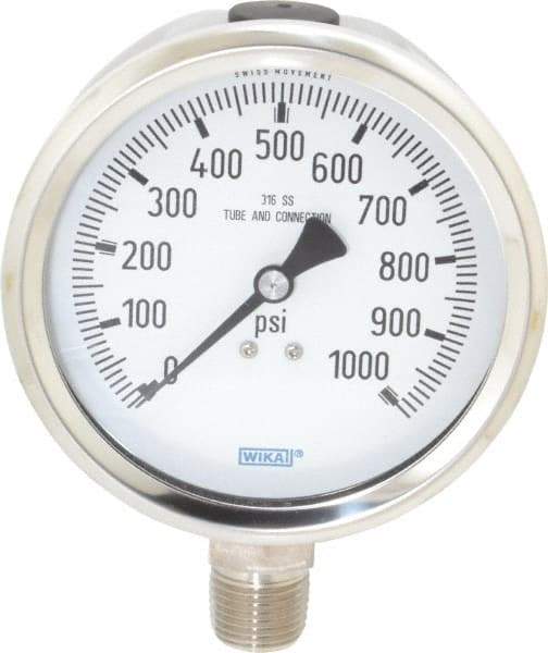 Wika - 4" Dial, 1/2 Thread, 0-1,000 Scale Range, Pressure Gauge - Lower Connection Mount, Accurate to 1% of Scale - Benchmark Tooling