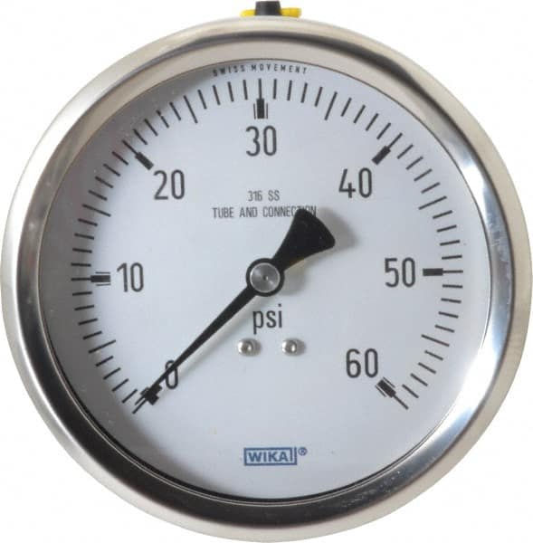 Wika - 4" Dial, 1/2 Thread, 0-60 Scale Range, Pressure Gauge - Lower Back Connection Mount, Accurate to 1% of Scale - Benchmark Tooling