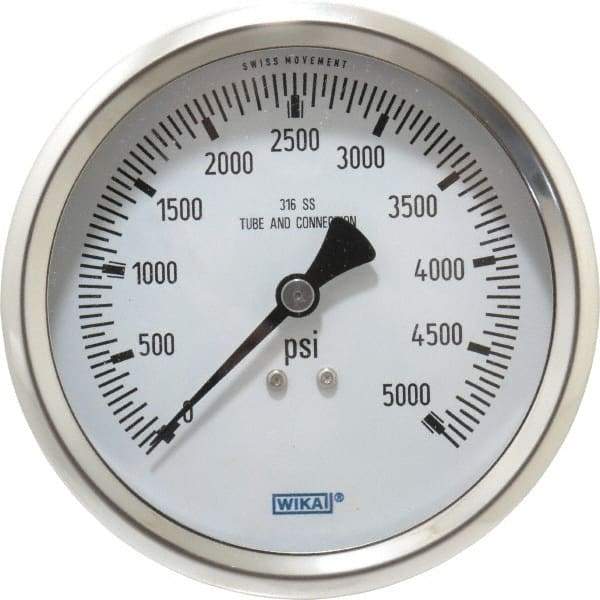 Wika - 4" Dial, 1/2 Thread, 0-5,000 Scale Range, Pressure Gauge - Lower Back Connection Mount, Accurate to 1% of Scale - Benchmark Tooling