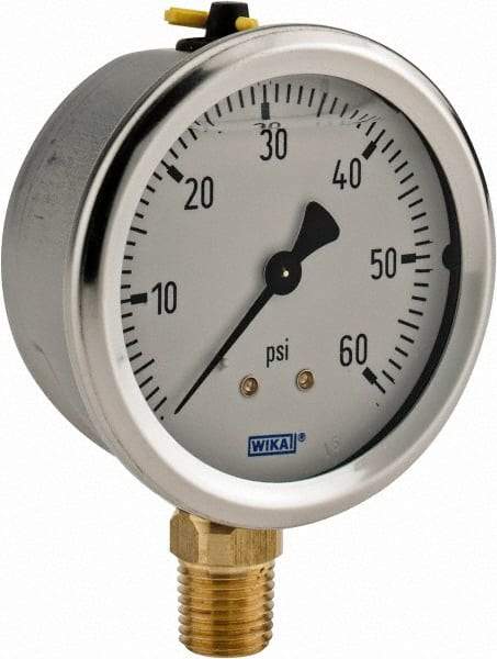 Wika - 2-1/2" Dial, 1/4 Thread, 0-60 Scale Range, Pressure Gauge - Lower Connection Mount, Accurate to 1.5% of Scale - Benchmark Tooling