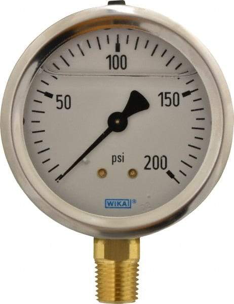 Wika - 2-1/2" Dial, 1/4 Thread, 0-200 Scale Range, Pressure Gauge - Lower Connection Mount, Accurate to 1.5% of Scale - Benchmark Tooling